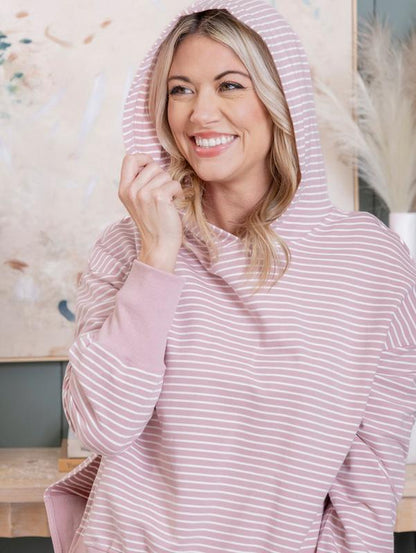 Stripe Side Slits Drop Shoulder Loose Fit Hoodie W/ Thumbhole | S-XL