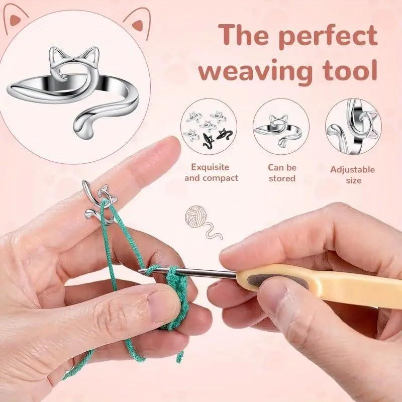 2Pcs Cat Crochet Ring for Finger Yarn Guide Cuff Ring, Adjustable Knitting Thimble Loop Fashion Accessories Silver-Plated Rings for Women Men Daily Wear Decor, Faster Crocheting Trendy All-Match & Exquisite Jewelry Birthday Gift Specialty Crochet Supplies