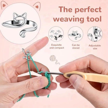 2Pcs Cat Crochet Ring for Finger Yarn Guide Cuff Ring, Adjustable Knitting Thimble Loop Fashion Accessories Silver-Plated Rings for Women Men Daily Wear Decor, Faster Crocheting Trendy All-Match & Exquisite Jewelry Birthday Gift Specialty Crochet Supplies