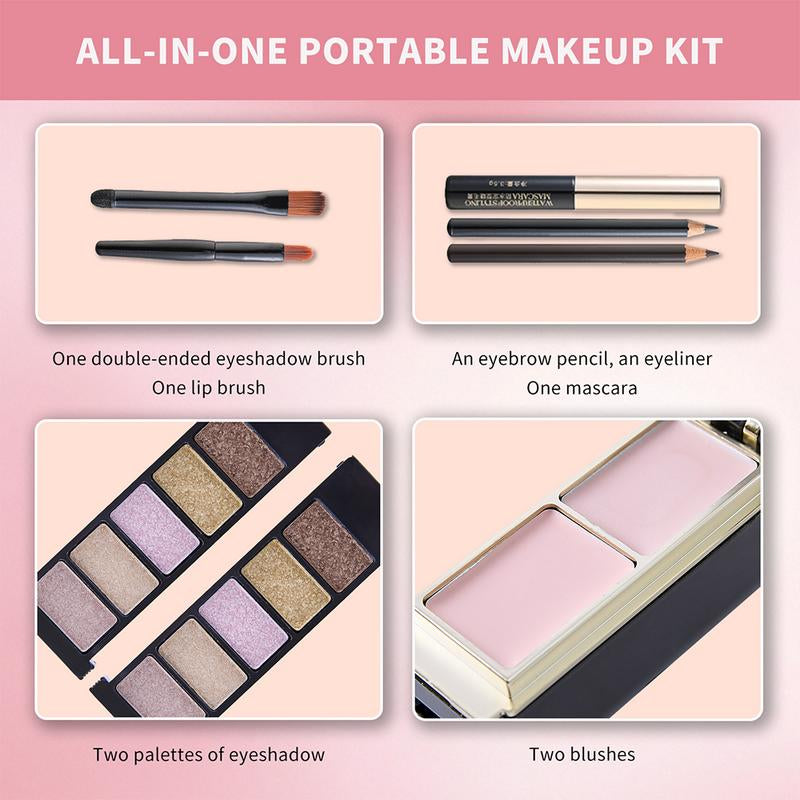 Merycode All-In-One Makeup Set Kit - Compact Travel Beauty Box with 10 Eyeshadows 5 Lipsticks 2 Blushes Eyeliner Brow Pencil Mascara & Brushes Waterproof Berry Daily Cosmetic Flawless