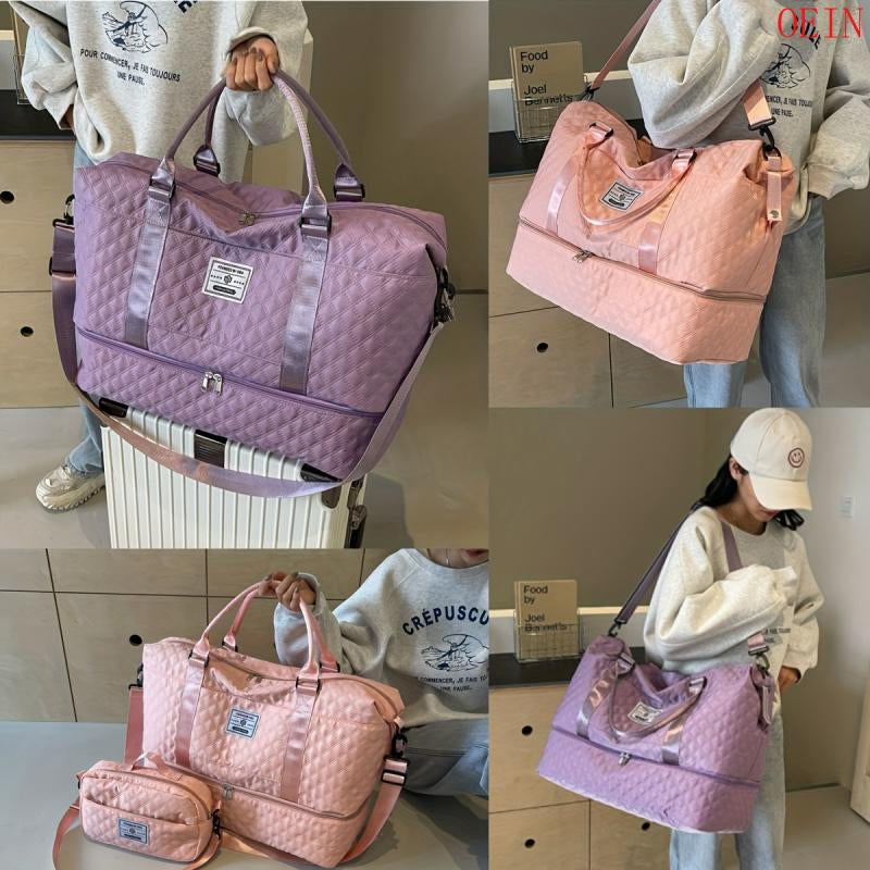 Oein 2Pcs Large Capacity Travel Duffel Bag Set, Lightweight Diamond Pattern Zipper Duffel Bag with Ladies Cosmetic Zipper Shoulder Bag