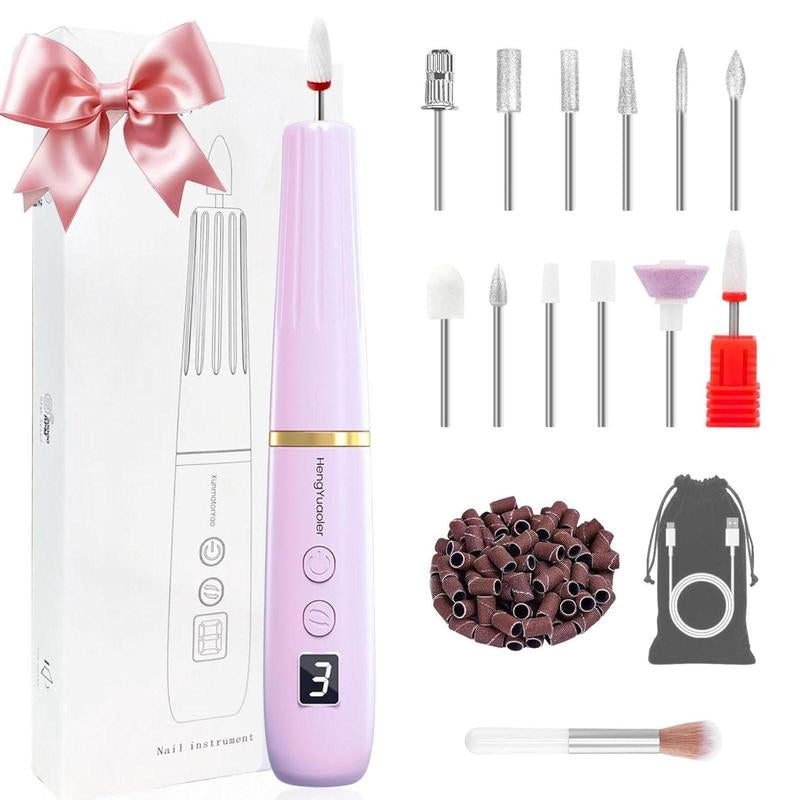 Hengyuaoler Electric Nail Drill & File - Portable Nail Machine Kit for Acrylic Gel & Dip Powder Nails Manicure Pedicure Polishing Set with 12 Bits & Sanding Bands Matte Pink