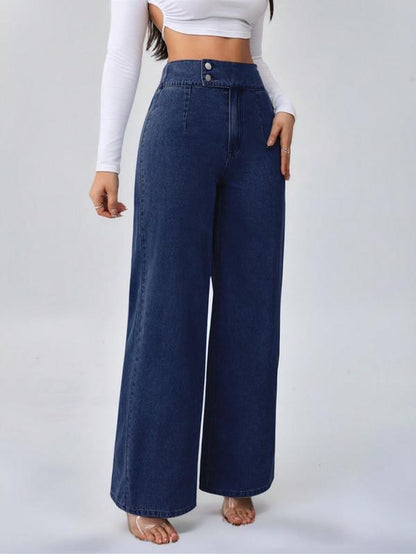 Women'S Vintage Elegant High Waist Wide Leg Jeans, Elastic Waist, Button Front, Casual Fashion, Comfortable Design, All Seasons