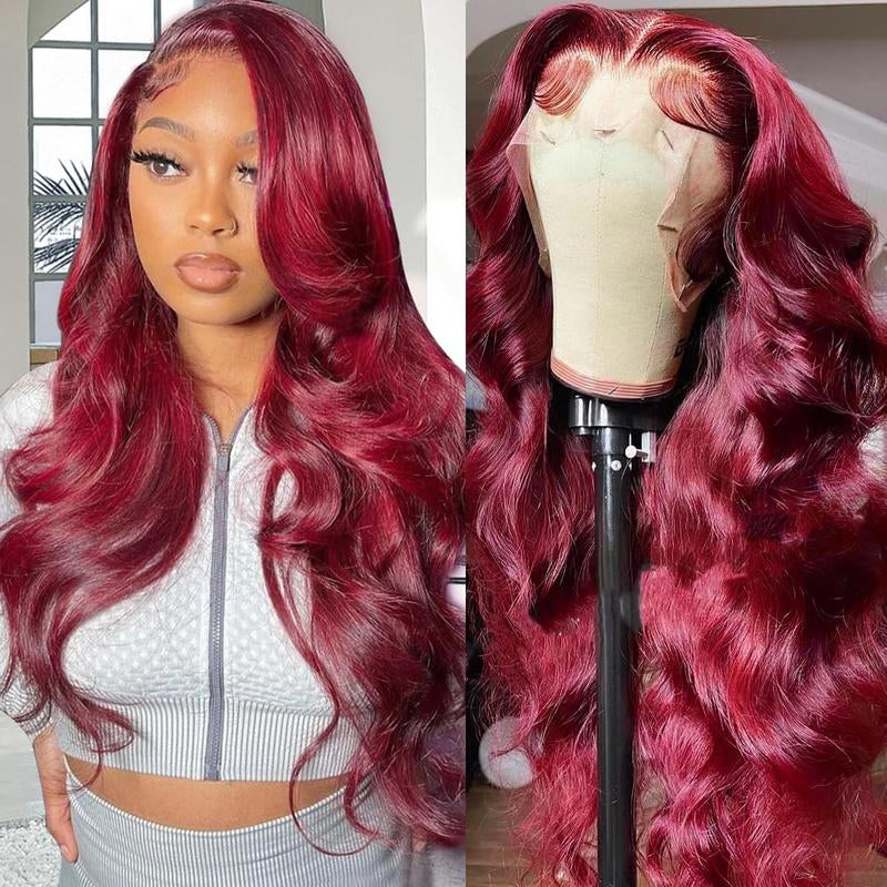 36 Inch 99J Burgundy Wine Red Human Hair Wig with 13X4 HD Transparent Lace Front - 180% Density Body Wave 13X6 Looking Frontal Wig Suitable for Women, Pre Plucked with Baby Hair