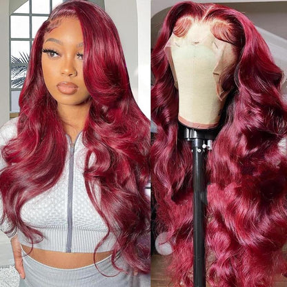 36 Inch 99J Burgundy Wine Red Human Hair Wig with 13X4 HD Transparent Lace Front - 180% Density Body Wave 13X6 Looking Frontal Wig Suitable for Women, Pre Plucked with Baby Hair