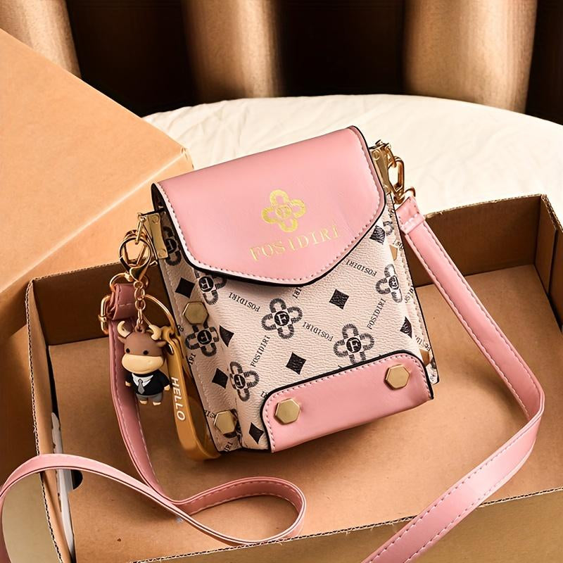 Stylish Crossbody Handbag, Simple Elegant Style, Letter Print, Single Shoulder Bag, Mobile Phone Bag with Adjustable Strap with Pendant