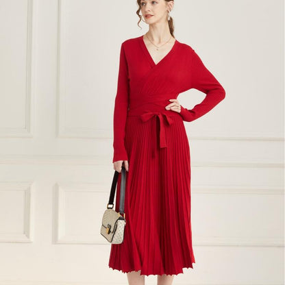 Ranrui Aline Sweater Dress Red Winter Long Sleeve Fit and Flare Knit Dress with V Neck Pleated Design High Waist Bow Tie Belt Casual Womenswear for Formal & Casual Occasions