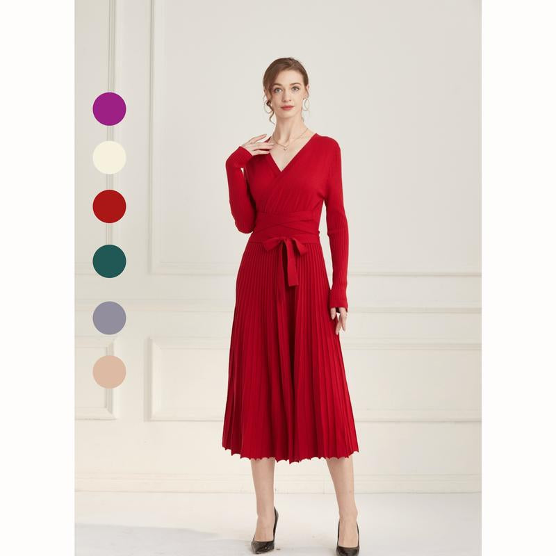 Ranrui Aline Sweater Dress Red Winter Long Sleeve Fit and Flare Knit Dress with V Neck Pleated Design High Waist Bow Tie Belt Casual Womenswear for Formal & Casual Occasions