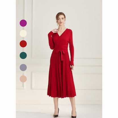 Ranrui Aline Sweater Dress Red Winter Long Sleeve Fit and Flare Knit Dress with V Neck Pleated Design High Waist Bow Tie Belt Casual Womenswear for Formal & Casual Occasions