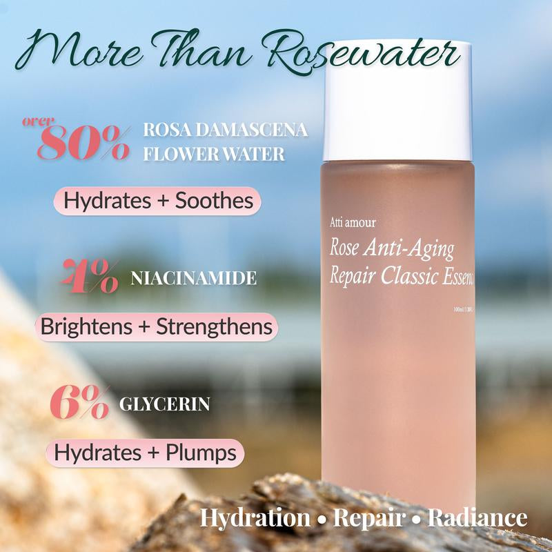 Zy、This Rose Anti-Aging and Repairing Essence Water Has Anti-Wrinkle, Repairing, and Moisturizing Effects. Suitable for Sensitive Skin, It Contains Natural Rose Ingredients, Uses a Water-Free Formula, and Comes with a Free 44-Piece Makeup Brush Set.