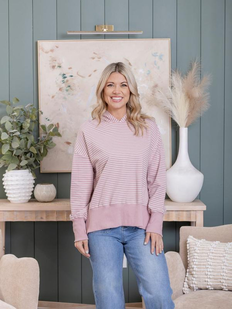 Stripe Side Slits Drop Shoulder Loose Fit Hoodie W/ Thumbhole | S-XL