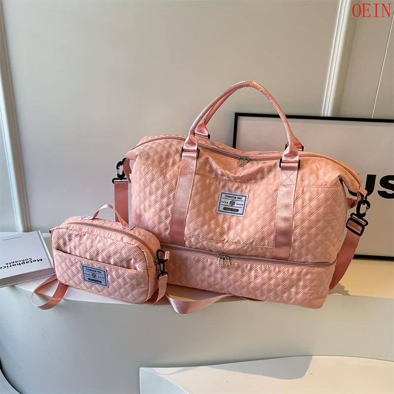 Oein 2Pcs Large Capacity Travel Duffel Bag Set, Lightweight Diamond Pattern Zipper Duffel Bag with Ladies Cosmetic Zipper Shoulder Bag