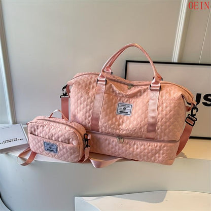 Oein 2Pcs Large Capacity Travel Duffel Bag Set, Lightweight Diamond Pattern Zipper Duffel Bag with Ladies Cosmetic Zipper Shoulder Bag