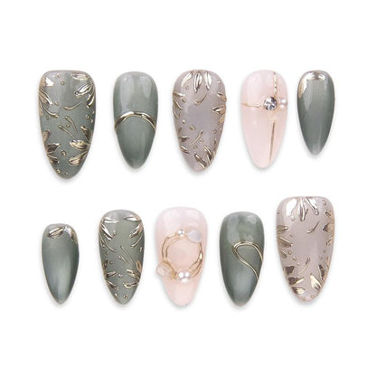 EMERALD GRACE Premium Handmade Press-On Nails Long-Lasting Short Almond Shape Glossy Green, White, Gold Finish Rich Green White Tones Capture Jewel-Toned Elegance Style