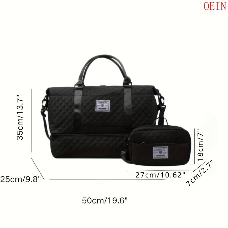 Oein 2Pcs Large Capacity Travel Duffel Bag Set, Lightweight Diamond Pattern Zipper Duffel Bag with Ladies Cosmetic Zipper Shoulder Bag