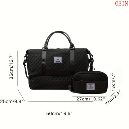 Oein 2Pcs Large Capacity Travel Duffel Bag Set, Lightweight Diamond Pattern Zipper Duffel Bag with Ladies Cosmetic Zipper Shoulder Bag