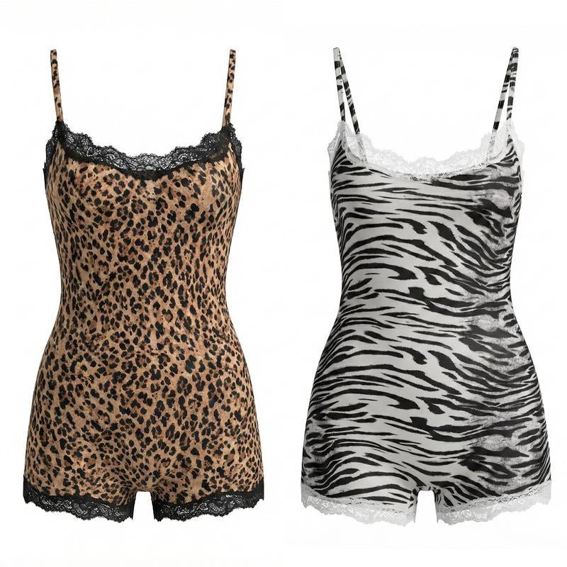 Katchme LUMENNEST Women'S Chic Thin Strap Leopard Print Lace Trim Playsuit, Versatile Seamless Breathable Shapewear
