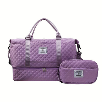 Oein 2Pcs Large Capacity Travel Duffel Bag Set, Lightweight Diamond Pattern Zipper Duffel Bag with Ladies Cosmetic Zipper Shoulder Bag