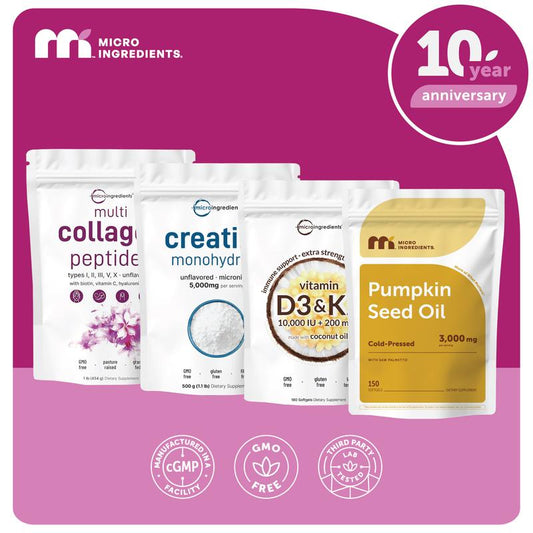 Micro Ingredients Hair & Muscle Nourish Bundle: Multi Collagen Peptides Powder 1LB, Creatine Powder 1.1LB, Vitamin D3K2 10,000IU 180 Softgels & Pumpkin Seed Oil 150 Softgels