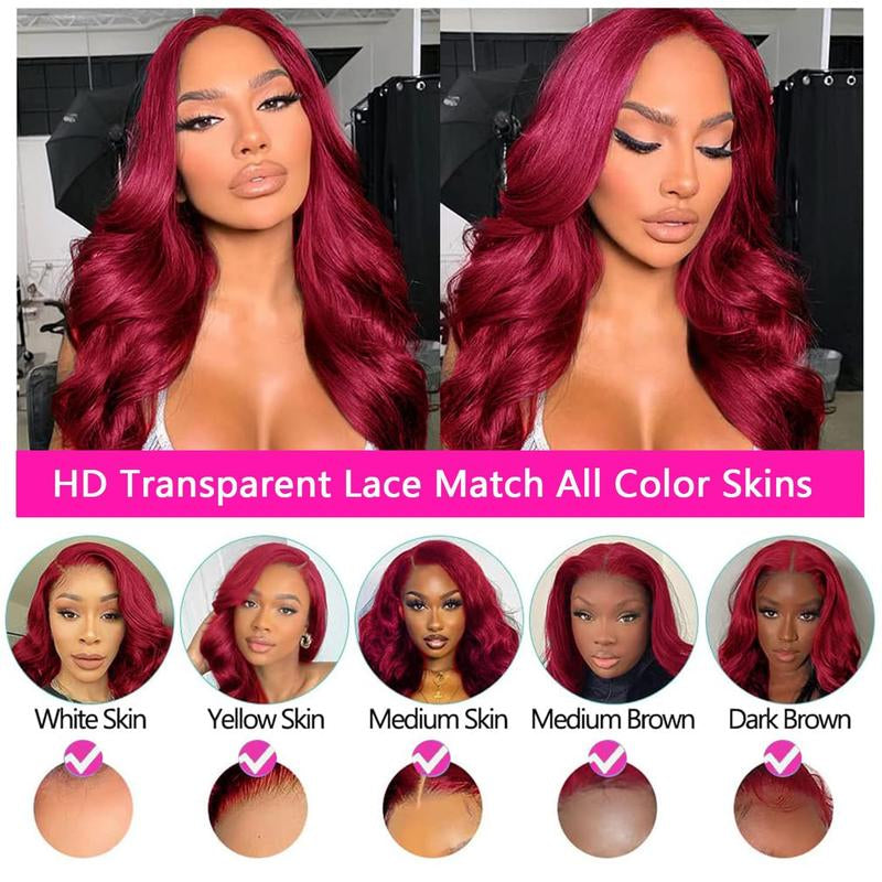 36 Inch 99J Burgundy Wine Red Human Hair Wig with 13X4 HD Transparent Lace Front - 180% Density Body Wave 13X6 Looking Frontal Wig Suitable for Women, Pre Plucked with Baby Hair