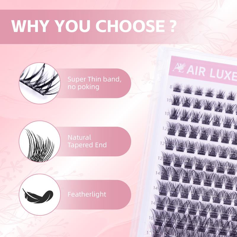 AIR LUXE DIY Lash Clusters Kit 144 Pcs Ultra Dense Volume Extensions Waterproof Long Wear Flawless Salon Result for Beginners Beginner Friendly Ultra Thin Invisible Band