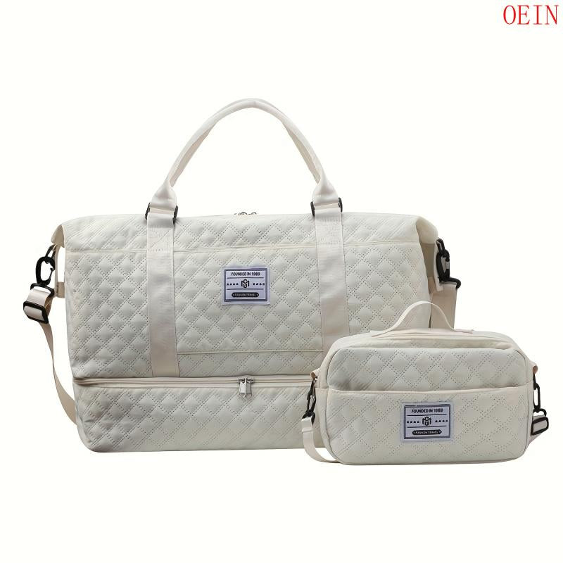 Oein 2Pcs Large Capacity Travel Duffel Bag Set, Lightweight Diamond Pattern Zipper Duffel Bag with Ladies Cosmetic Zipper Shoulder Bag