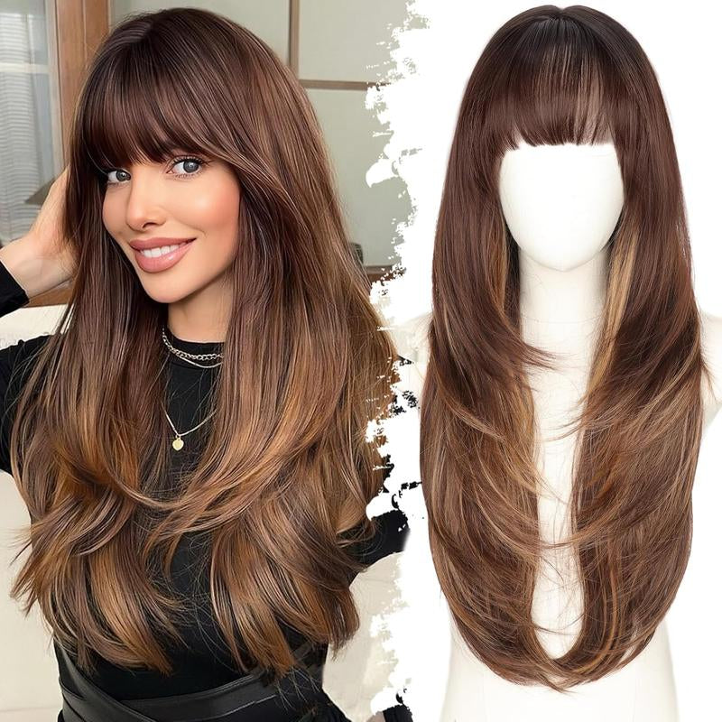 Long Wig with Bangs for Women, Layered Hairstyle Synthetic Heat Resistant for Daily Party Use 26 Inch