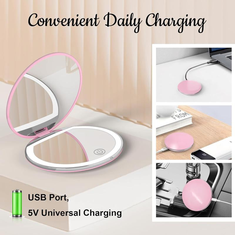 CENPIN Portable Foldable Makeup Mirror, 1 Count Glam Travel Makeup Mirror with LED Light, Compact Cosmetic Mirror for Women, Pocket Size Makeup Tools, Travel Hand Mirror