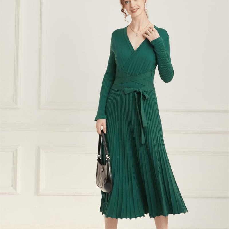 Ranrui Aline Sweater Dress Red Winter Long Sleeve Fit and Flare Knit Dress with V Neck Pleated Design High Waist Bow Tie Belt Casual Womenswear for Formal & Casual Occasions