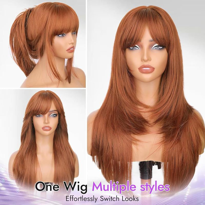 Long Wig with Bangs for Women, Layered Hairstyle Synthetic Heat Resistant for Daily Party Use 26 Inch