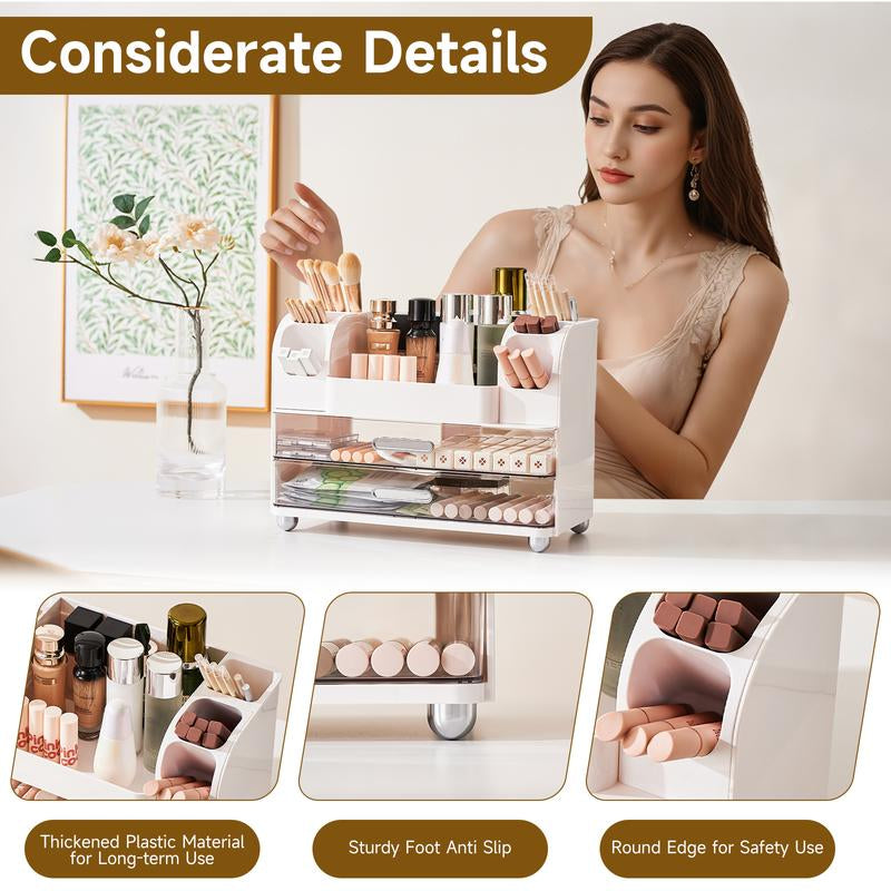 Makeup Organizer for Vanity with 2 Large Drawers,Cosmetic Display Case with Brush Holders, Easy to Storage for Bathroom Countertop Skincare,Desk Office Supplies,Gift, Pink, Jewelry Organizer