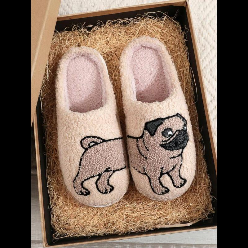Women'S Cartoon Dog Print Plush Slippers, 1 Pair Casual Soft Comfortable Non-Slip Soft Home Slippers, Warm Slippers for Indoor & Outdoor Use for All Seasons