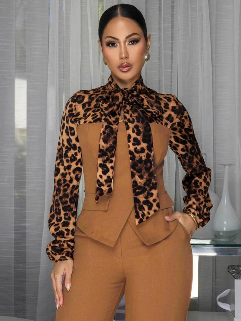Spring Women'S New Collection: Leopard Print Patchwork Button-Up Sweater, Belted Wide-Leg Pants, Stylish Versatile Tie-Shirt Two-Piece Set, High-End Office Professional Fashion Legging Set