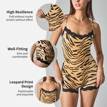 Katchme LUMENNEST Women'S Chic Thin Strap Leopard Print Lace Trim Playsuit, Versatile Seamless Breathable Shapewear
