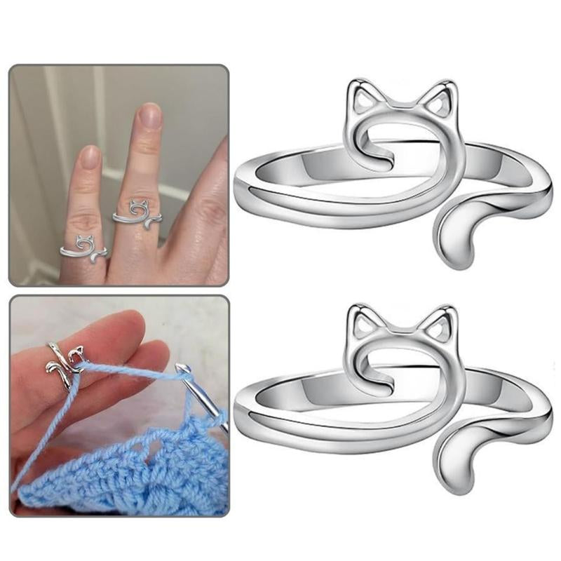 2Pcs Cat Crochet Ring for Finger Yarn Guide Cuff Ring, Adjustable Knitting Thimble Loop Fashion Accessories Silver-Plated Rings for Women Men Daily Wear Decor, Faster Crocheting Trendy All-Match & Exquisite Jewelry Birthday Gift Specialty Crochet Supplies