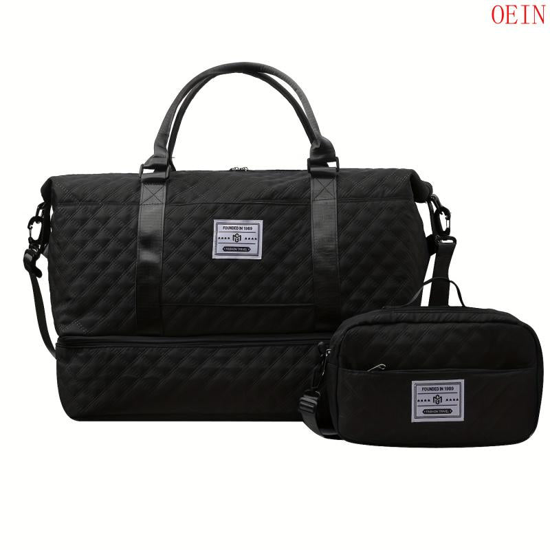 Oein 2Pcs Large Capacity Travel Duffel Bag Set, Lightweight Diamond Pattern Zipper Duffel Bag with Ladies Cosmetic Zipper Shoulder Bag