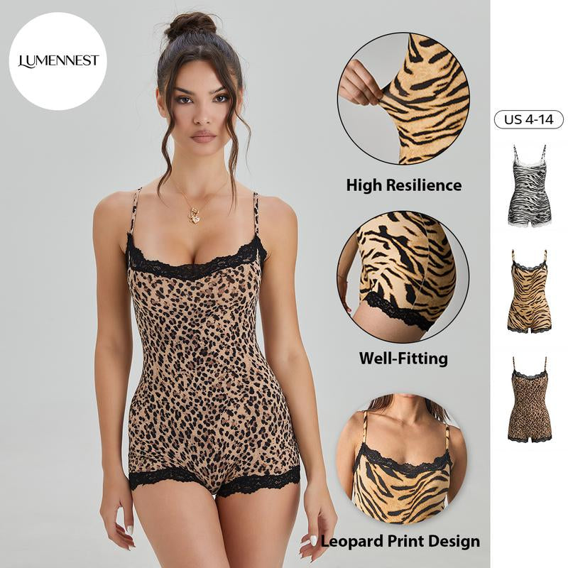 Katchme LUMENNEST Women'S Chic Thin Strap Leopard Print Lace Trim Playsuit, Versatile Seamless Breathable Shapewear