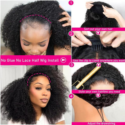 【Wear Go Half Wig】Coily Curly 3 in 1 Glueless Half Wig Human Hair Afro Curly Hair for Black Women 18 Inch Kinky Curly 200% Density Full Head Clip-In No Glue Required Natural Look #Halfwigcurlyhair#Wigshumanhair