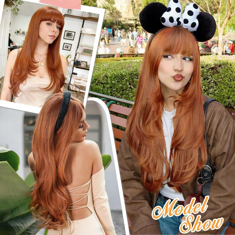 Long Wig with Bangs for Women, Layered Hairstyle Synthetic Heat Resistant for Daily Party Use 26 Inch