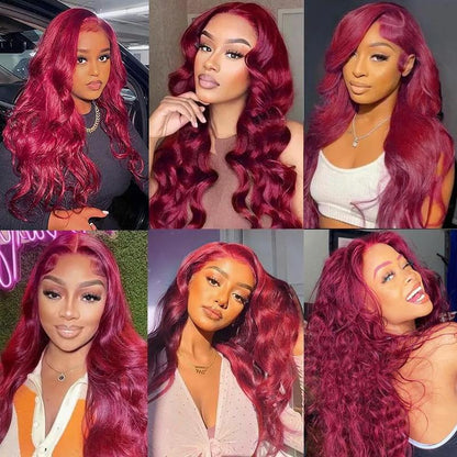 36 Inch 99J Burgundy Wine Red Human Hair Wig with 13X4 HD Transparent Lace Front - 180% Density Body Wave 13X6 Looking Frontal Wig Suitable for Women, Pre Plucked with Baby Hair