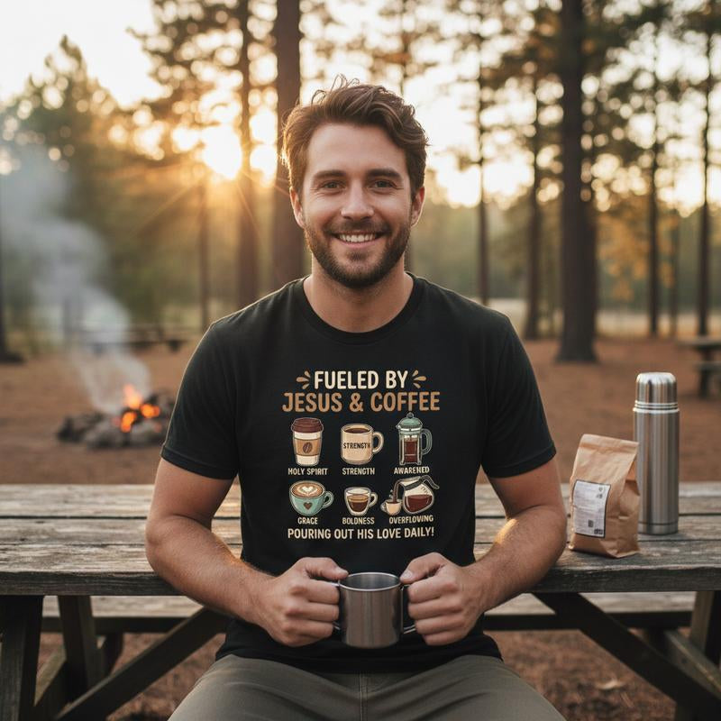 Fueled by Jesus and Coffee T-Shirt - Christian Faith Graphic Tee for Men and Women, Inspirational Religious Coffee Lover Gift, Vintage Short Sleeve Casual Cotton Shirt, Spiritual Scriptural Apparel