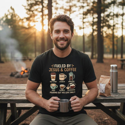 Fueled by Jesus and Coffee T-Shirt - Christian Faith Graphic Tee for Men and Women, Inspirational Religious Coffee Lover Gift, Vintage Short Sleeve Casual Cotton Shirt, Spiritual Scriptural Apparel