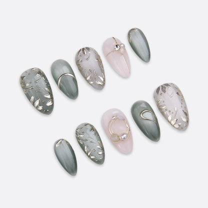 EMERALD GRACE Premium Handmade Press-On Nails Long-Lasting Short Almond Shape Glossy Green, White, Gold Finish Rich Green White Tones Capture Jewel-Toned Elegance Style
