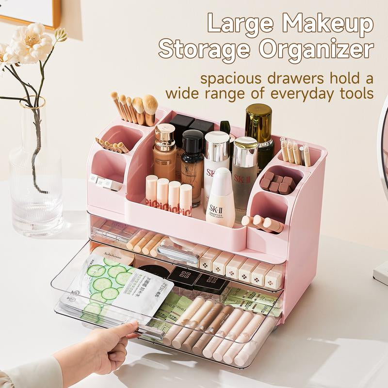 Makeup Organizer for Vanity with 2 Large Drawers,Cosmetic Display Case with Brush Holders, Easy to Storage for Bathroom Countertop Skincare,Desk Office Supplies,Gift, Pink, Jewelry Organizer