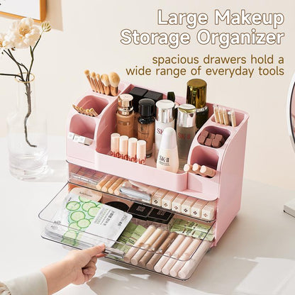 Makeup Organizer for Vanity with 2 Large Drawers,Cosmetic Display Case with Brush Holders, Easy to Storage for Bathroom Countertop Skincare,Desk Office Supplies,Gift, Pink, Jewelry Organizer