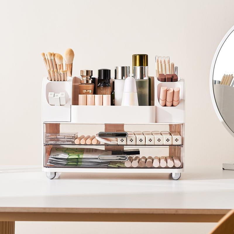 Makeup Organizer for Vanity with 2 Large Drawers,Cosmetic Display Case with Brush Holders, Easy to Storage for Bathroom Countertop Skincare,Desk Office Supplies,Gift, Pink, Jewelry Organizer