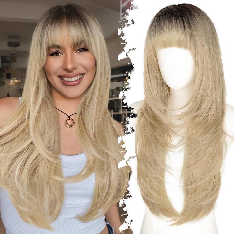 Long Wig with Bangs for Women, Layered Hairstyle Synthetic Heat Resistant for Daily Party Use 26 Inch