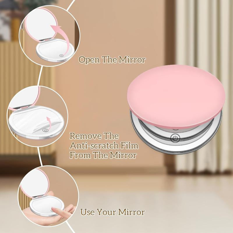CENPIN Portable Foldable Makeup Mirror, 1 Count Glam Travel Makeup Mirror with LED Light, Compact Cosmetic Mirror for Women, Pocket Size Makeup Tools, Travel Hand Mirror