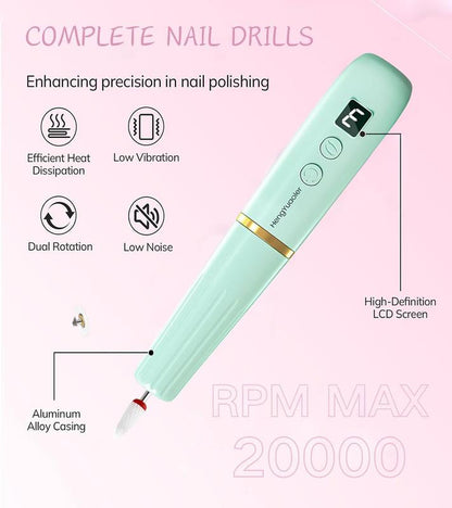 Hengyuaoler Electric Nail Drill & File - Portable Nail Machine Kit for Acrylic Gel & Dip Powder Nails Manicure Pedicure Polishing Set with 12 Bits & Sanding Bands Matte Pink