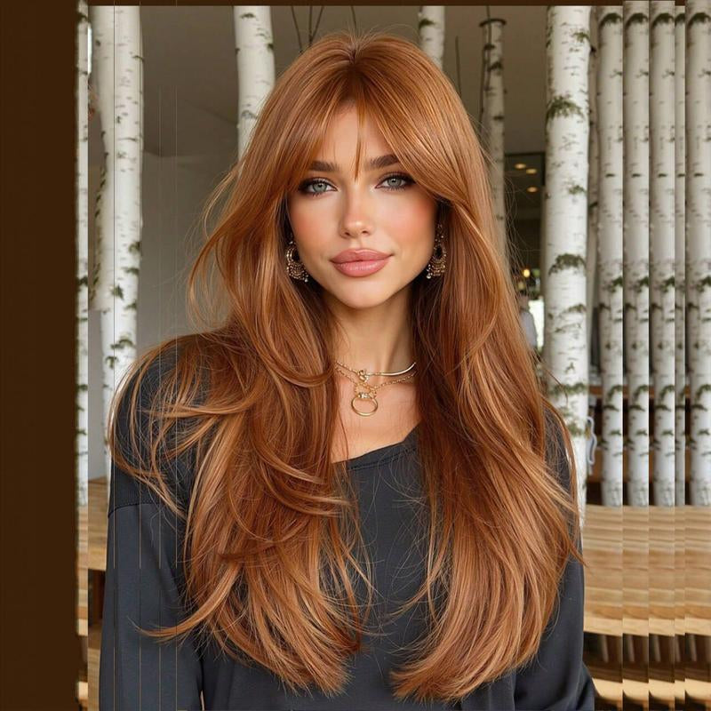 Long Wig with Bangs for Women, Layered Hairstyle Synthetic Heat Resistant for Daily Party Use 26 Inch